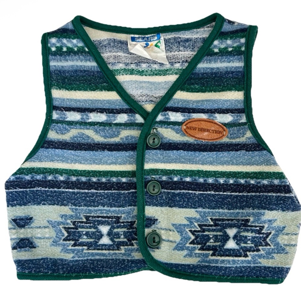 Vintage 1990s Sears Kids Toddler Baby Vest Blue Green Aztec Stripes Pattern Sz 2